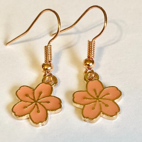 Hibiscus Flower Earrings Rose Gold Plated Enamel Peach Pink Dangle Dainty Island - Picture 8 of 12